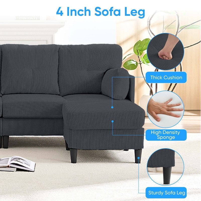 Divano componibile modulare convertibile a forma di U in velluto a coste Mixoy, divano imbottito a 4 posti con pouf mobile