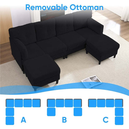 Divano componibile modulare convertibile a forma di U in velluto a coste Mixoy, divano imbottito a 4 posti con pouf mobile