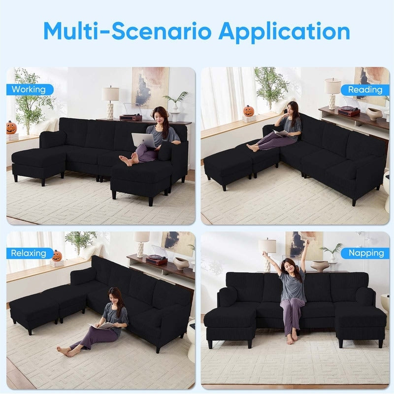 Divano componibile modulare convertibile a forma di U in velluto a coste Mixoy, divano imbottito a 4 posti con pouf mobile