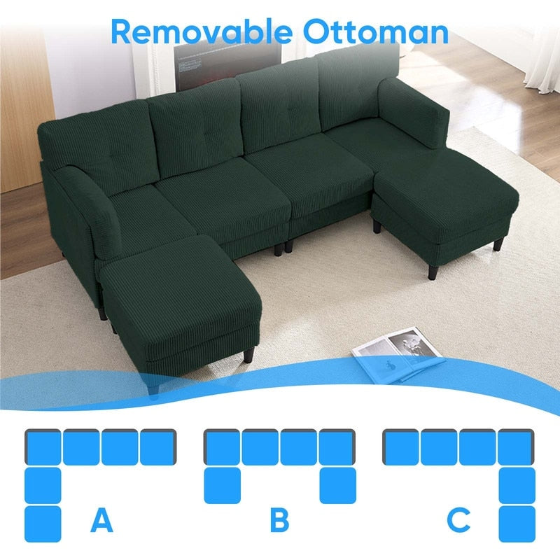 Divano componibile modulare convertibile a forma di U in velluto a coste Mixoy, divano imbottito a 4 posti con pouf mobile