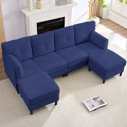 Divano componibile modulare convertibile a forma di U in velluto a coste Mixoy, divano imbottito a 4 posti con pouf mobile