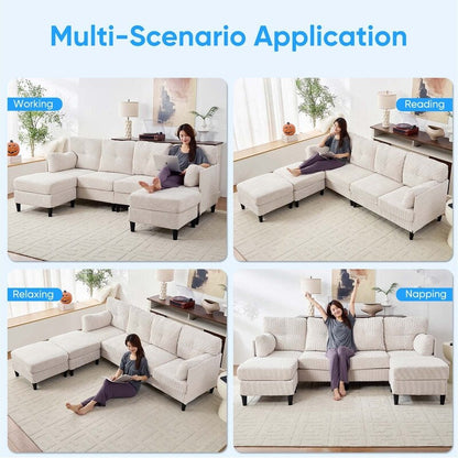 Divano componibile modulare convertibile a forma di U in velluto a coste Mixoy, divano imbottito a 4 posti con pouf mobile