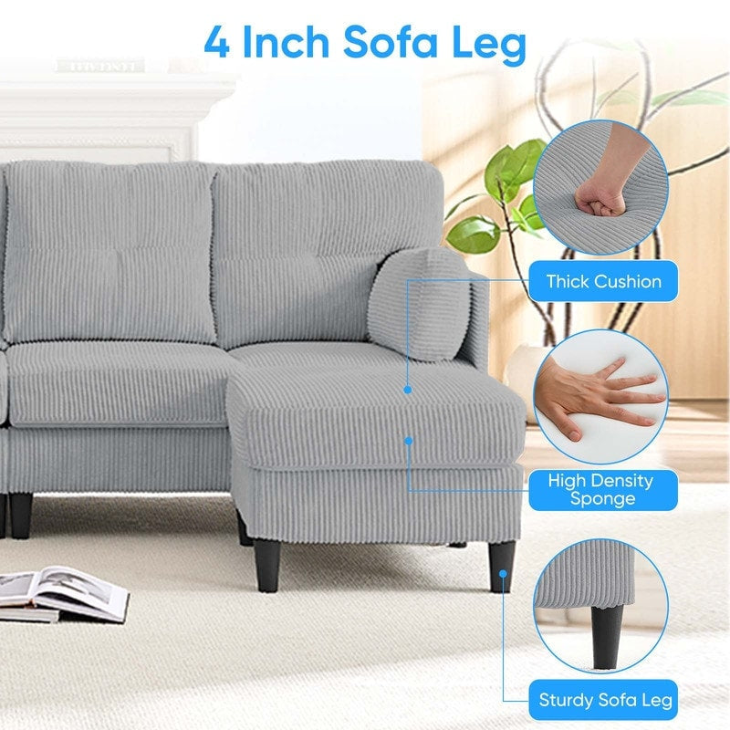 Divano componibile modulare convertibile a forma di U in velluto a coste Mixoy, divano imbottito a 4 posti con pouf mobile