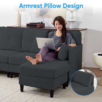 Divano componibile modulare convertibile a forma di U in velluto a coste Mixoy, divano imbottito a 4 posti con pouf mobile