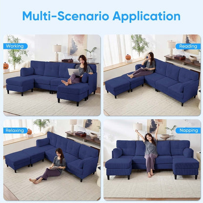 Divano componibile modulare convertibile a forma di U in velluto a coste Mixoy, divano imbottito a 4 posti con pouf mobile