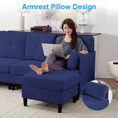 Divano componibile modulare convertibile a forma di U in velluto a coste Mixoy, divano imbottito a 4 posti con pouf mobile