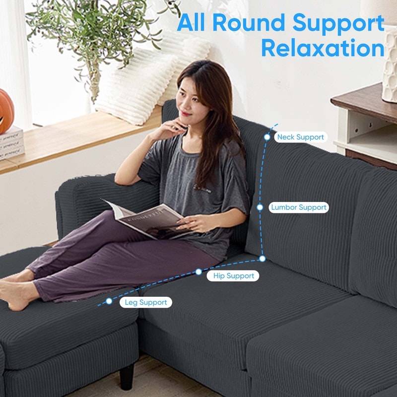 Divano componibile modulare convertibile a forma di U in velluto a coste Mixoy, divano imbottito a 4 posti con pouf mobile