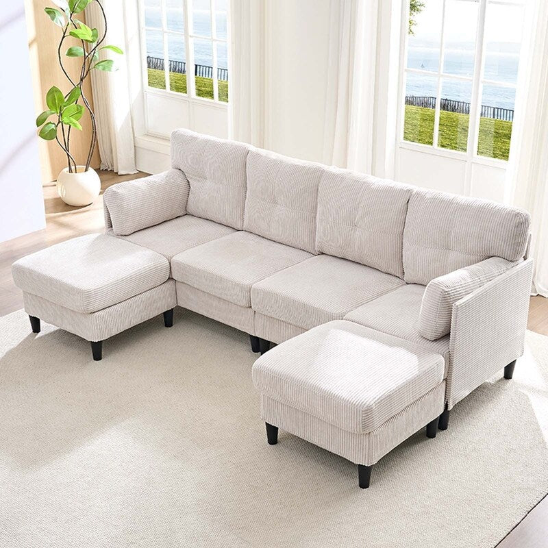 Divano componibile modulare convertibile a forma di U in velluto a coste Mixoy, divano imbottito a 4 posti con pouf mobile