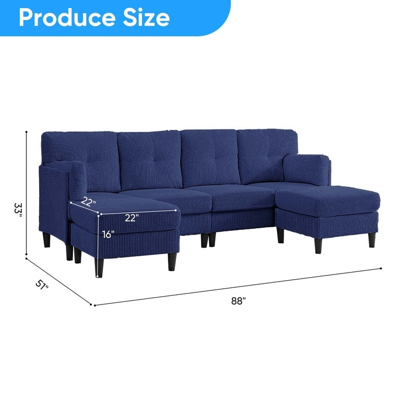 Divano componibile modulare convertibile a forma di U in velluto a coste Mixoy, divano imbottito a 4 posti con pouf mobile