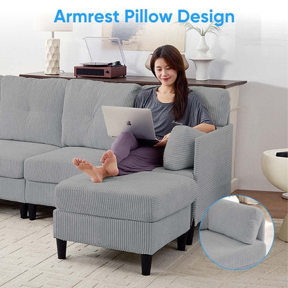 Divano componibile modulare convertibile a forma di U in velluto a coste Mixoy, divano imbottito a 4 posti con pouf mobile