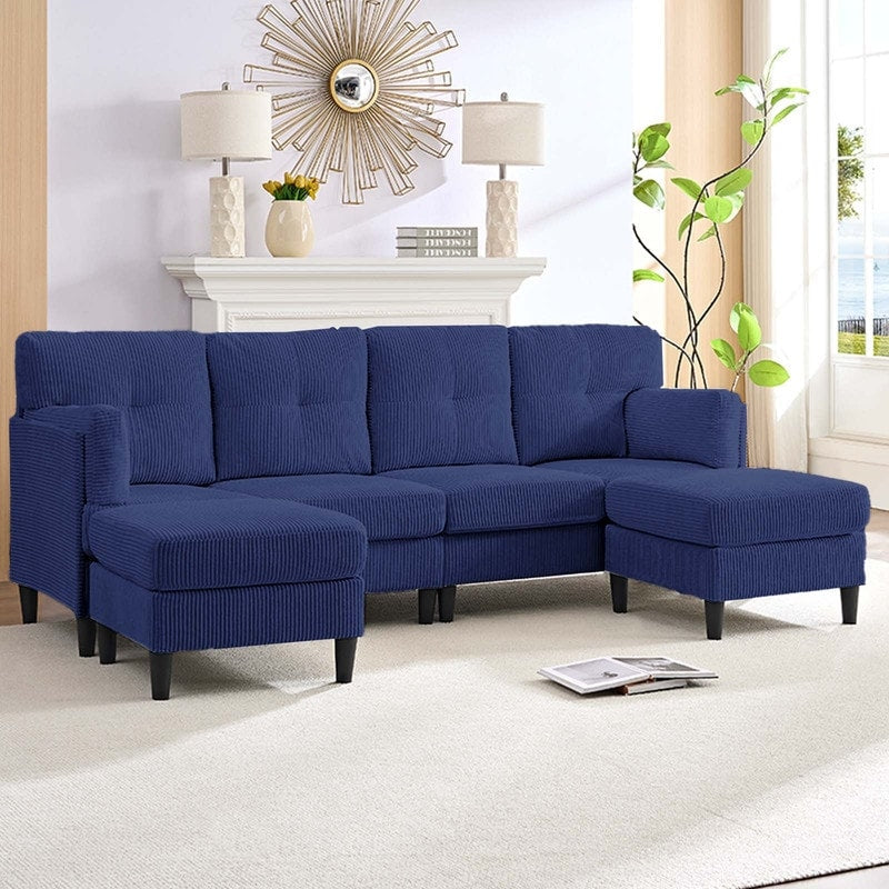 Divano componibile modulare convertibile a forma di U in velluto a coste Mixoy, divano imbottito a 4 posti con pouf mobile