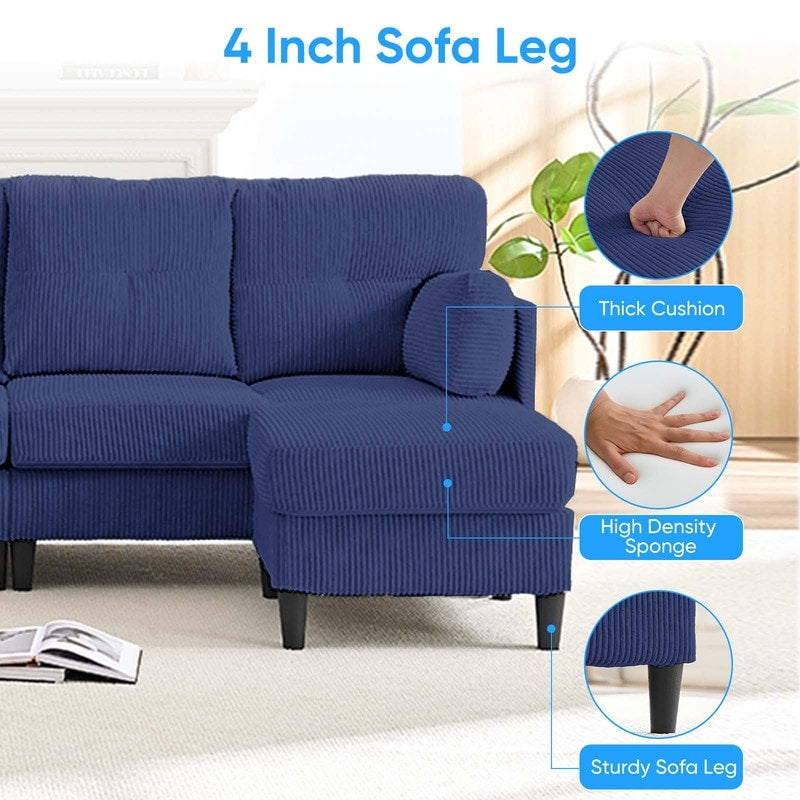 Divano componibile modulare convertibile a forma di U in velluto a coste Mixoy, divano imbottito a 4 posti con pouf mobile