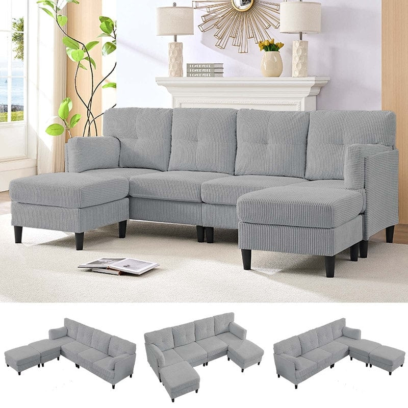 Divano componibile modulare convertibile a forma di U in velluto a coste Mixoy, divano imbottito a 4 posti con pouf mobile