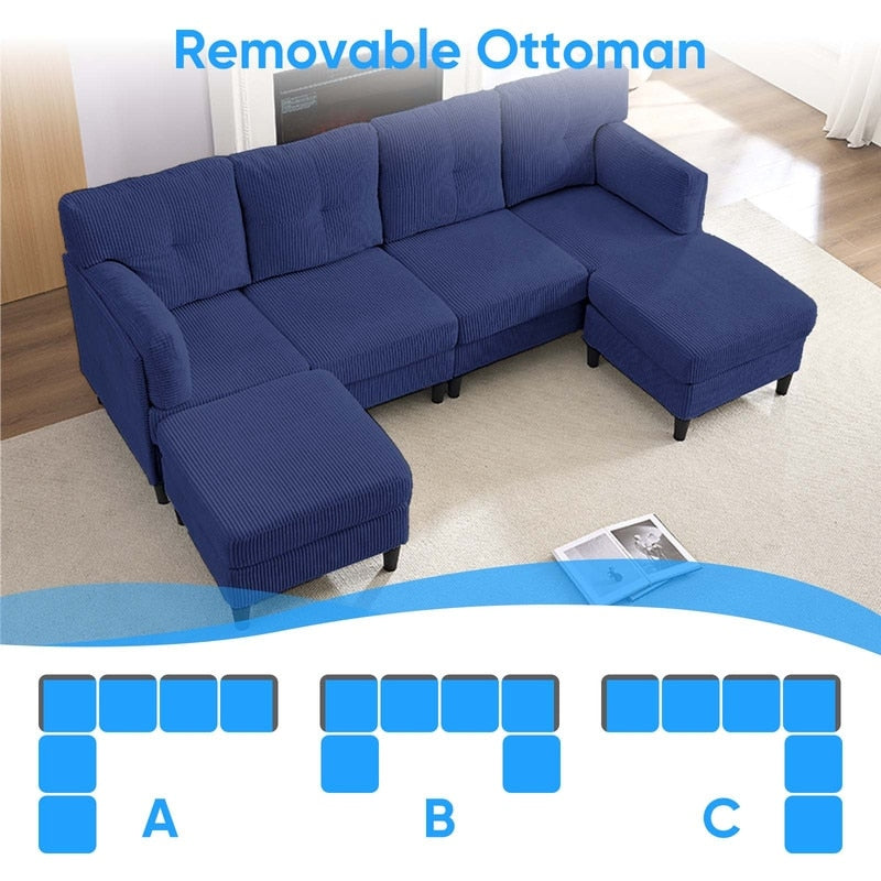 Divano componibile modulare convertibile a forma di U in velluto a coste Mixoy, divano imbottito a 4 posti con pouf mobile