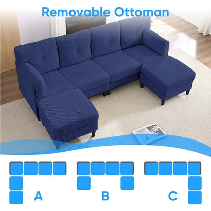 Divano componibile modulare convertibile a forma di U in velluto a coste Mixoy, divano imbottito a 4 posti con pouf mobile
