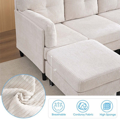 Divano componibile modulare convertibile a forma di U in velluto a coste Mixoy, divano imbottito a 4 posti con pouf mobile