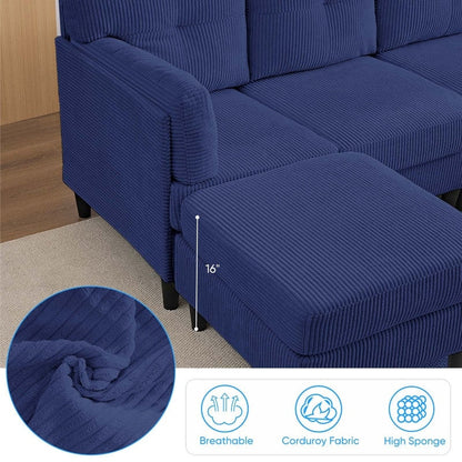 Divano componibile modulare convertibile a forma di U in velluto a coste Mixoy, divano imbottito a 4 posti con pouf mobile