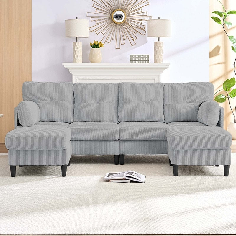 Divano componibile modulare convertibile a forma di U in velluto a coste Mixoy, divano imbottito a 4 posti con pouf mobile