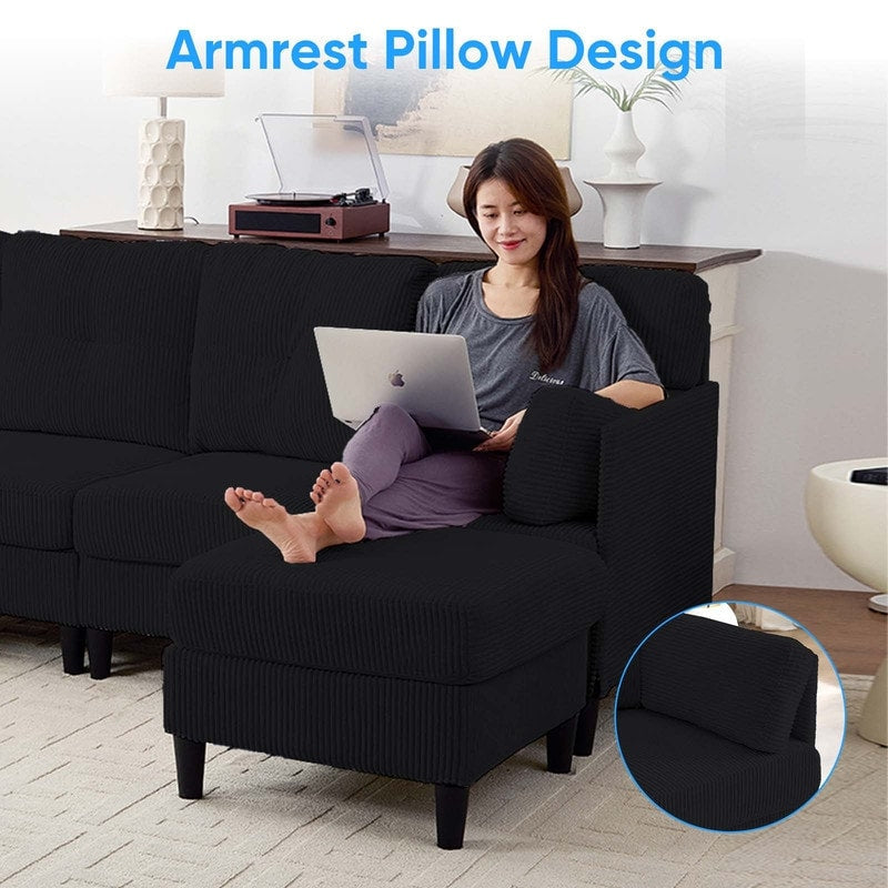 Divano componibile modulare convertibile a forma di U in velluto a coste Mixoy, divano imbottito a 4 posti con pouf mobile