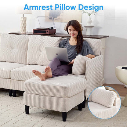 Divano componibile modulare convertibile a forma di U in velluto a coste Mixoy, divano imbottito a 4 posti con pouf mobile