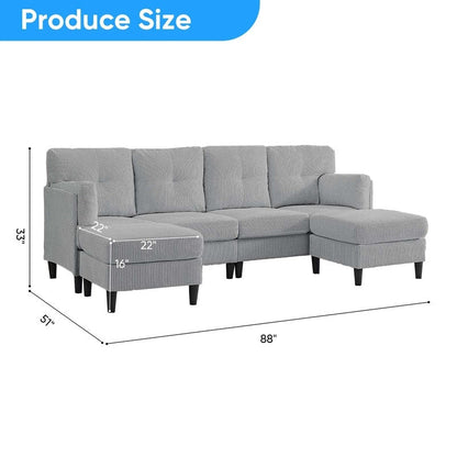 Divano componibile modulare convertibile a forma di U in velluto a coste Mixoy, divano imbottito a 4 posti con pouf mobile