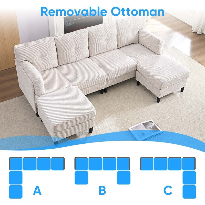 Divano componibile modulare convertibile a forma di U in velluto a coste Mixoy, divano imbottito a 4 posti con pouf mobile