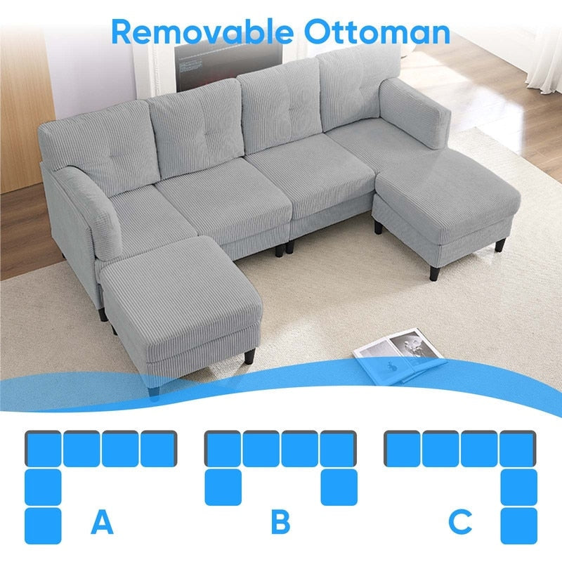 Divano componibile modulare convertibile a forma di U in velluto a coste Mixoy, divano imbottito a 4 posti con pouf mobile