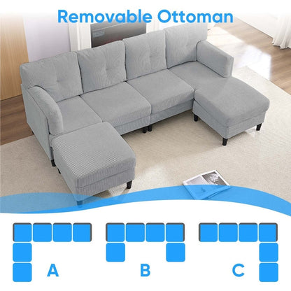 Divano componibile modulare convertibile a forma di U in velluto a coste Mixoy, divano imbottito a 4 posti con pouf mobile