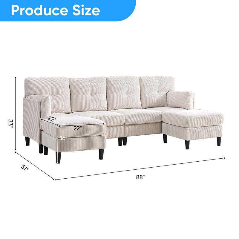 Divano componibile modulare convertibile a forma di U in velluto a coste Mixoy, divano imbottito a 4 posti con pouf mobile