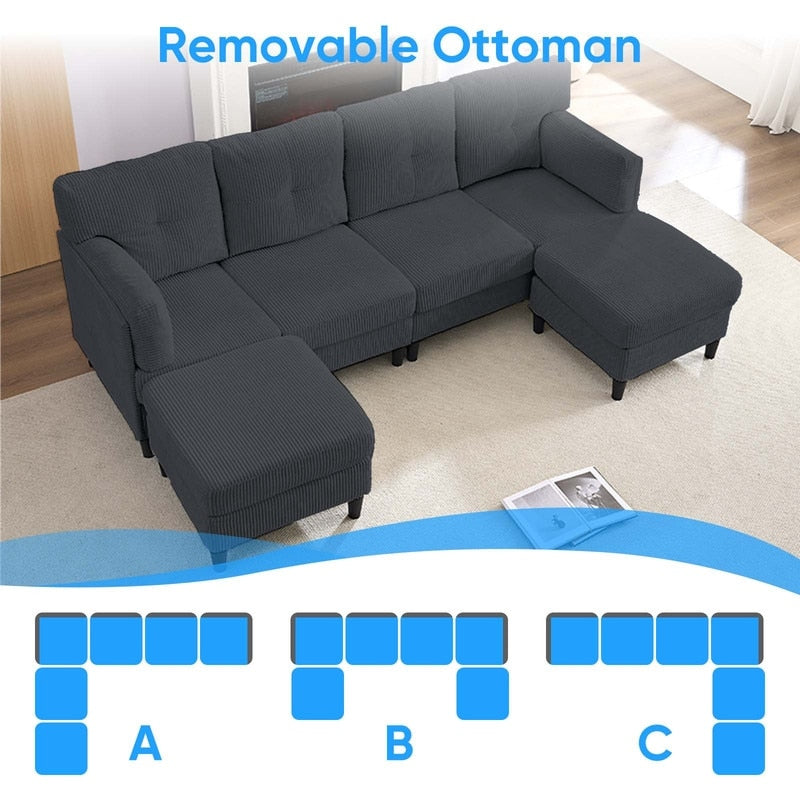 Divano componibile modulare convertibile a forma di U in velluto a coste Mixoy, divano imbottito a 4 posti con pouf mobile