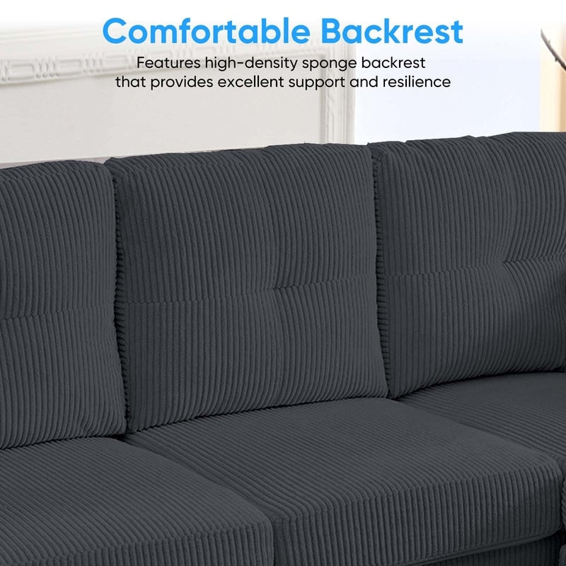 Divano componibile modulare convertibile a forma di U in velluto a coste Mixoy, divano imbottito a 4 posti con pouf mobile