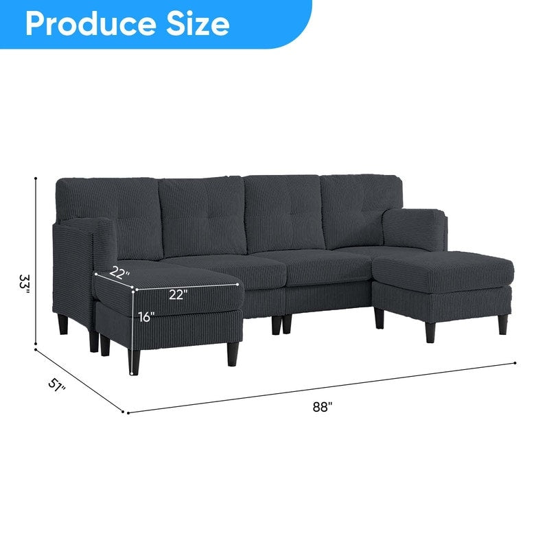 Divano componibile modulare convertibile a forma di U in velluto a coste Mixoy, divano imbottito a 4 posti con pouf mobile