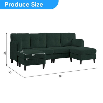 Divano componibile modulare convertibile a forma di U in velluto a coste Mixoy, divano imbottito a 4 posti con pouf mobile