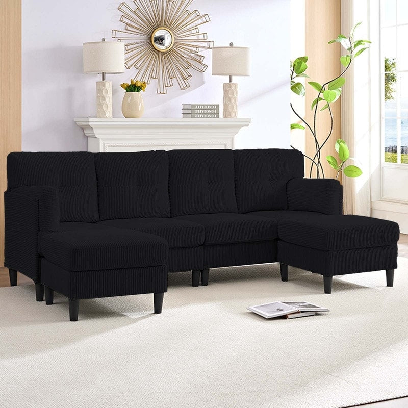 Divano componibile modulare convertibile a forma di U in velluto a coste Mixoy, divano imbottito a 4 posti con pouf mobile