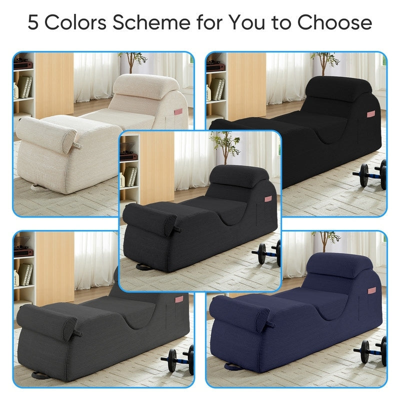 Chaise longue da yoga Mixoy in velluto a coste, divano da yoga curvo con poggiatesta/cuscino per la vita/poggiapiedi mobili, fondo antiscivolo