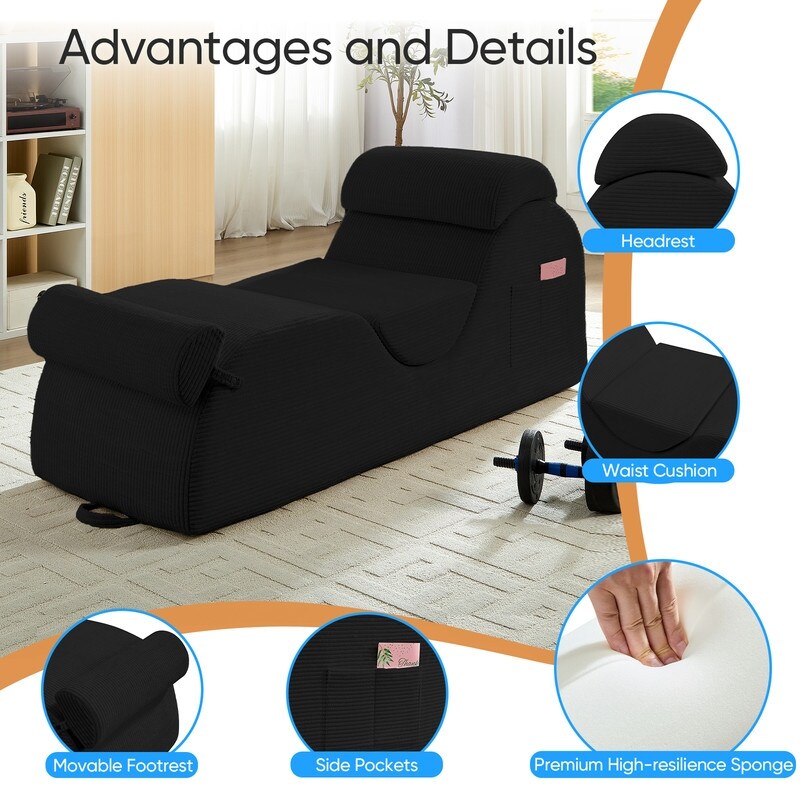 Chaise longue da yoga Mixoy in velluto a coste, divano da yoga curvo con poggiatesta/cuscino per la vita/poggiapiedi mobili, fondo antiscivolo