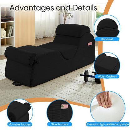 Chaise longue da yoga Mixoy in velluto a coste, divano da yoga curvo con poggiatesta/cuscino per la vita/poggiapiedi mobili, fondo antiscivolo