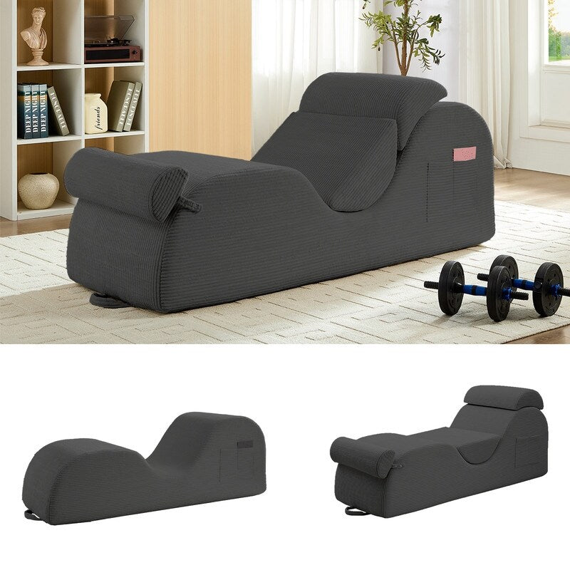 Chaise longue da yoga Mixoy in velluto a coste, divano da yoga curvo con poggiatesta/cuscino per la vita/poggiapiedi mobili, fondo antiscivolo