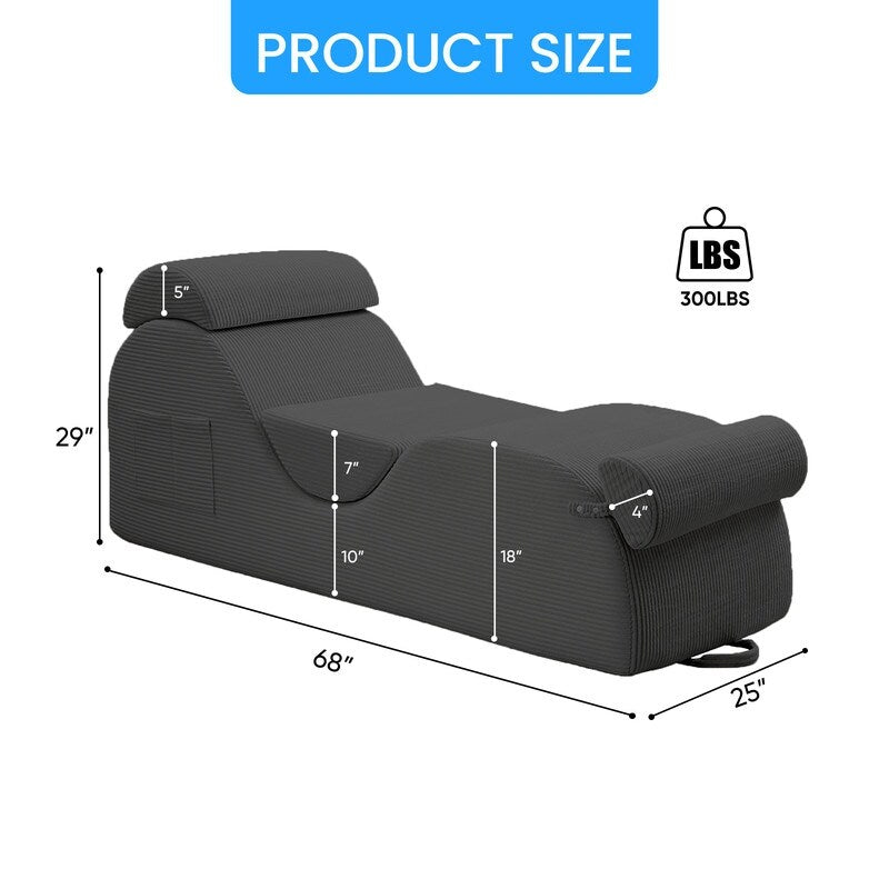 Chaise longue da yoga Mixoy in velluto a coste, divano da yoga curvo con poggiatesta/cuscino per la vita/poggiapiedi mobili, fondo antiscivolo