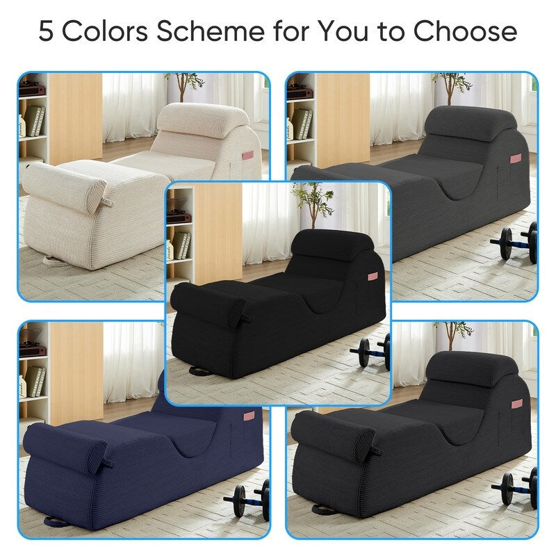 Chaise longue da yoga Mixoy in velluto a coste, divano da yoga curvo con poggiatesta/cuscino per la vita/poggiapiedi mobili, fondo antiscivolo