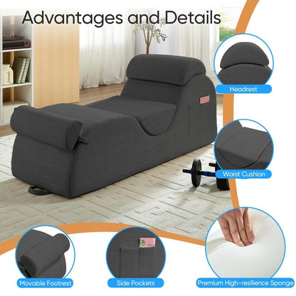 Chaise longue da yoga Mixoy in velluto a coste, divano da yoga curvo con poggiatesta/cuscino per la vita/poggiapiedi mobili, fondo antiscivolo