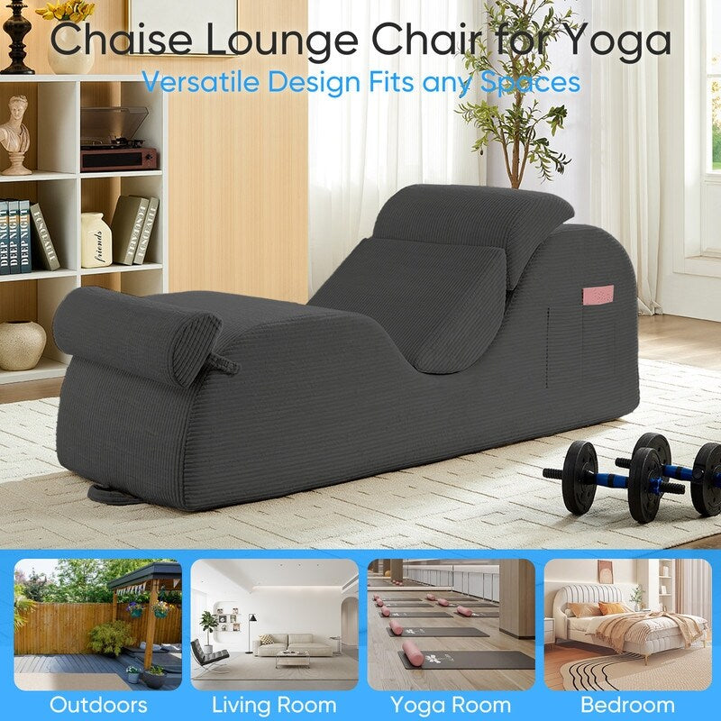 Chaise longue da yoga Mixoy in velluto a coste, divano da yoga curvo con poggiatesta/cuscino per la vita/poggiapiedi mobili, fondo antiscivolo