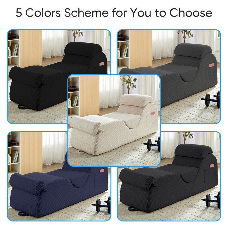 Chaise longue da yoga Mixoy in velluto a coste, divano da yoga curvo con poggiatesta/cuscino per la vita/poggiapiedi mobili, fondo antiscivolo
