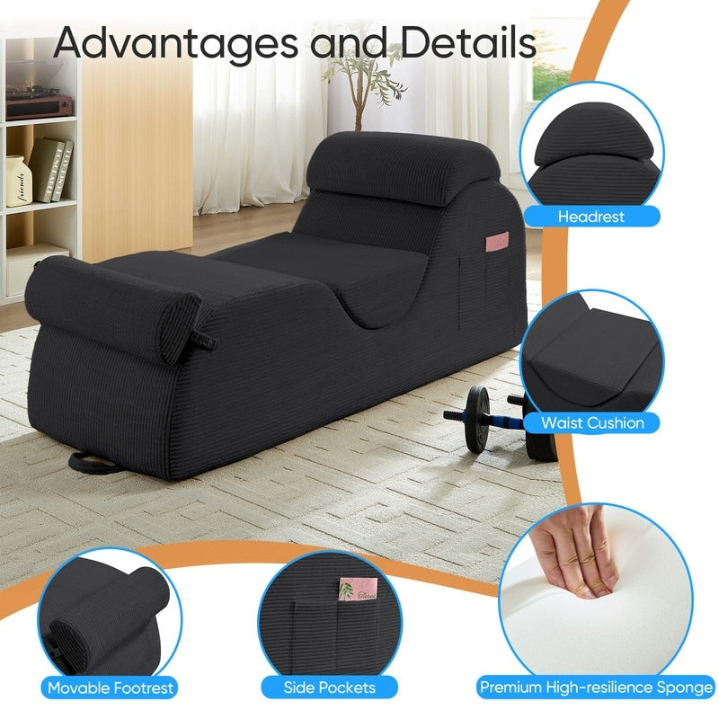 Chaise longue da yoga Mixoy in velluto a coste, divano da yoga curvo con poggiatesta/cuscino per la vita/poggiapiedi mobili, fondo antiscivolo