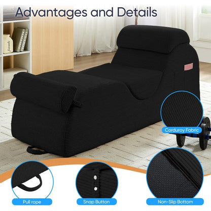 Chaise longue da yoga Mixoy in velluto a coste, divano da yoga curvo con poggiatesta/cuscino per la vita/poggiapiedi mobili, fondo antiscivolo