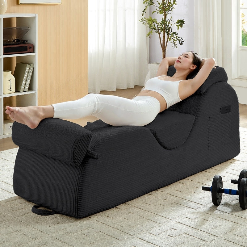 Chaise longue da yoga Mixoy in velluto a coste, divano da yoga curvo con poggiatesta/cuscino per la vita/poggiapiedi mobili, fondo antiscivolo