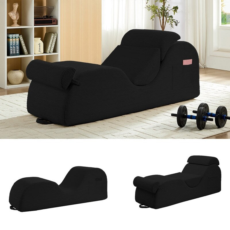 Chaise longue da yoga Mixoy in velluto a coste, divano da yoga curvo con poggiatesta/cuscino per la vita/poggiapiedi mobili, fondo antiscivolo