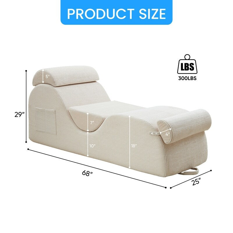 Chaise longue da yoga Mixoy in velluto a coste, divano da yoga curvo con poggiatesta/cuscino per la vita/poggiapiedi mobili, fondo antiscivolo