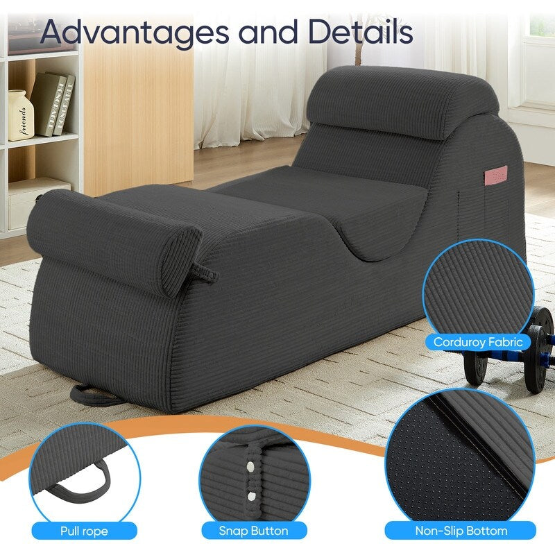 Chaise longue da yoga Mixoy in velluto a coste, divano da yoga curvo con poggiatesta/cuscino per la vita/poggiapiedi mobili, fondo antiscivolo