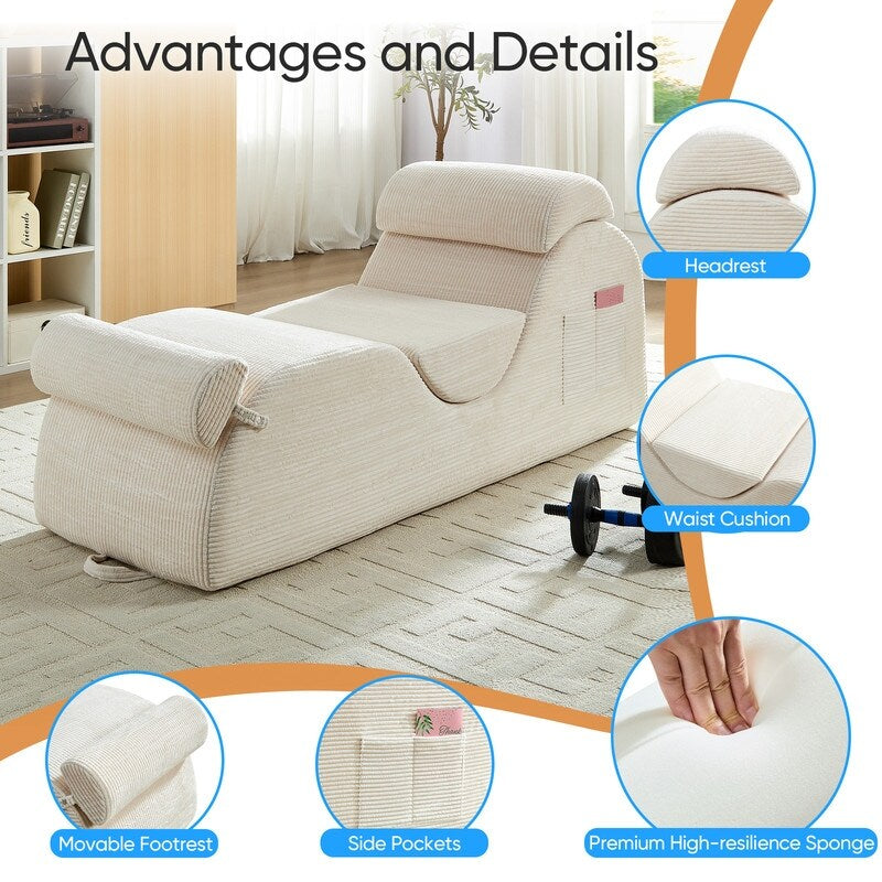Chaise longue da yoga Mixoy in velluto a coste, divano da yoga curvo con poggiatesta/cuscino per la vita/poggiapiedi mobili, fondo antiscivolo